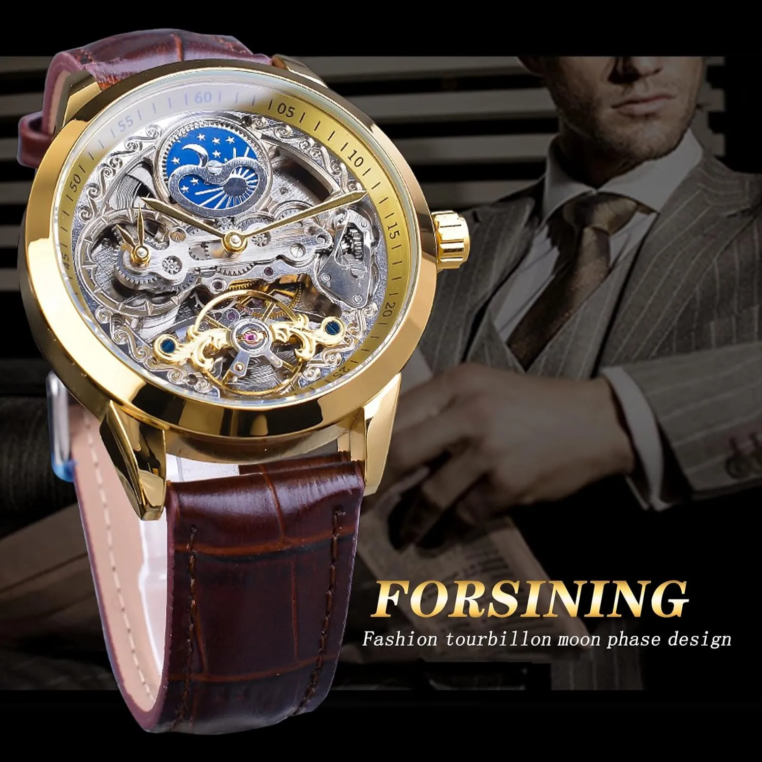 FORSINING Men's Skeleton Moon Phase Watch Mechanical Self-Wind Tourbillon Dual Time Zone Watches Automatic Luxury Leather Strap Large Dial Wristwatch
