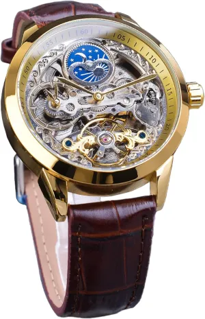 FORSINING Men's Skeleton Moon Phase Watch Mechanical Self-Wind Tourbillon Dual Time Zone Watches Automatic Luxury Leather Strap Large Dial Wristwatch