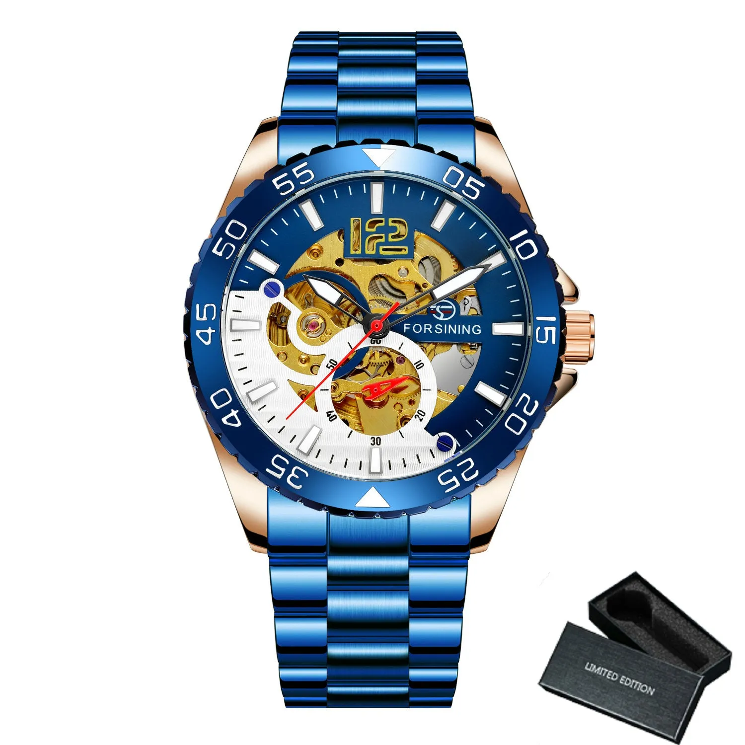 Forsining Silver Blue Sports Skeleton Automatic Mechanical Mens Watch TM 377G Luminous Hands Stainless Steel Strap Military Watches