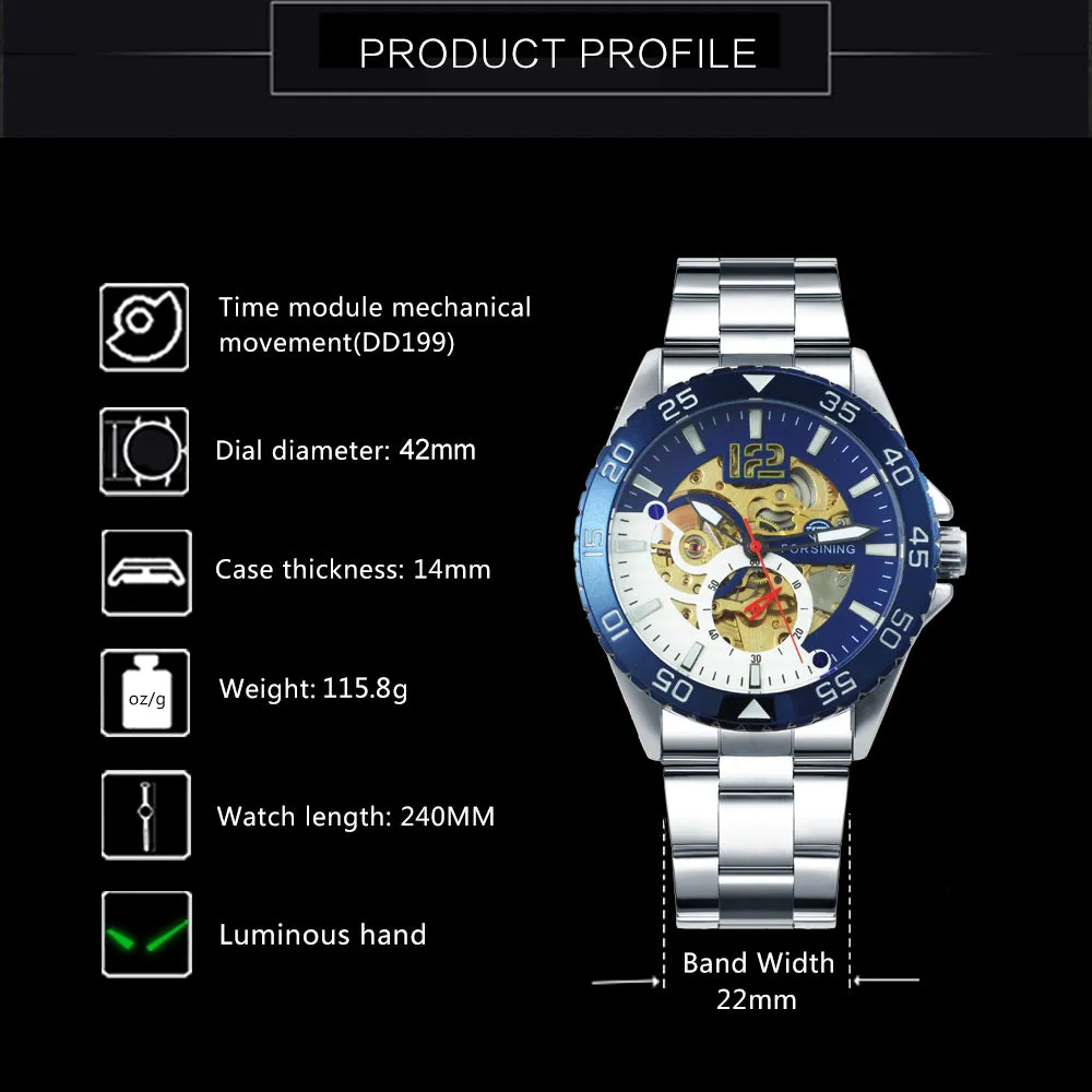 Forsining Silver Blue Sports Skeleton Automatic Mechanical Mens Watch TM 377G Luminous Hands Stainless Steel Strap Military Watches