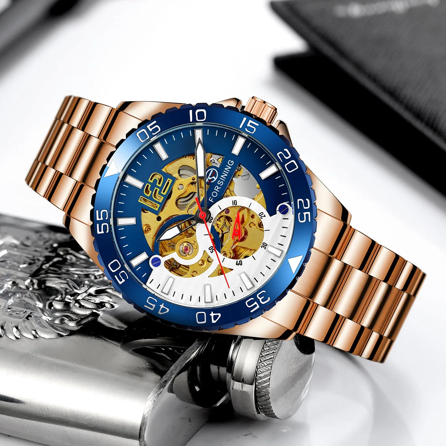 Forsining Silver Blue Sports Skeleton Automatic Mechanical Mens Watch TM 377G Luminous Hands Stainless Steel Strap Military Watches