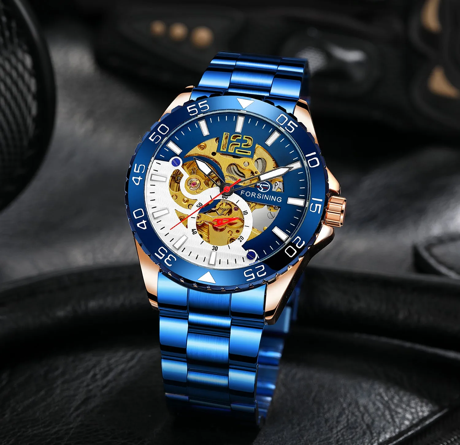 Forsining Silver Blue Sports Skeleton Automatic Mechanical Mens Watch TM 377G Luminous Hands Stainless Steel Strap Military Watches