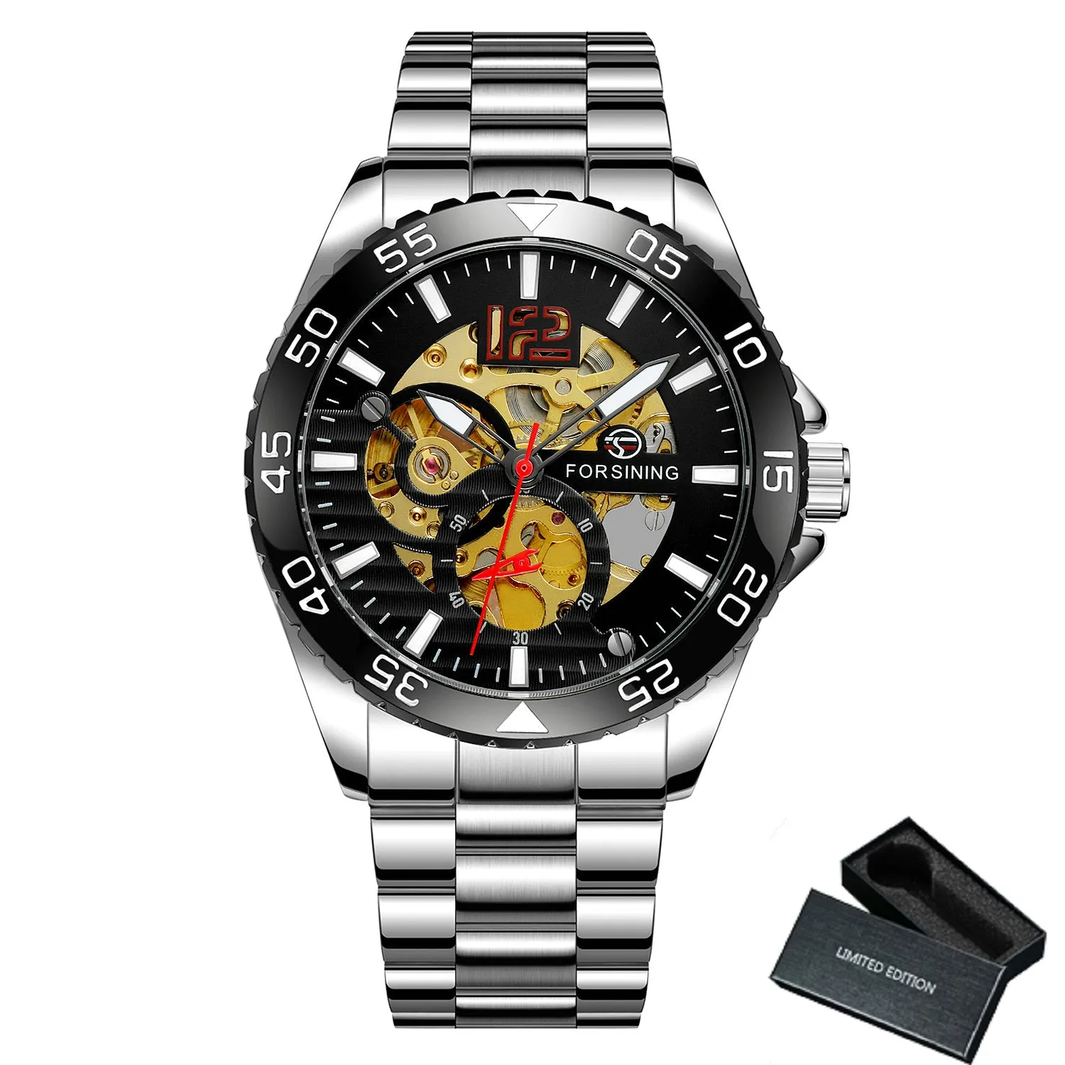 Forsining Silver Blue Sports Skeleton Automatic Mechanical Mens Watch TM 377G Luminous Hands Stainless Steel Strap Military Watches