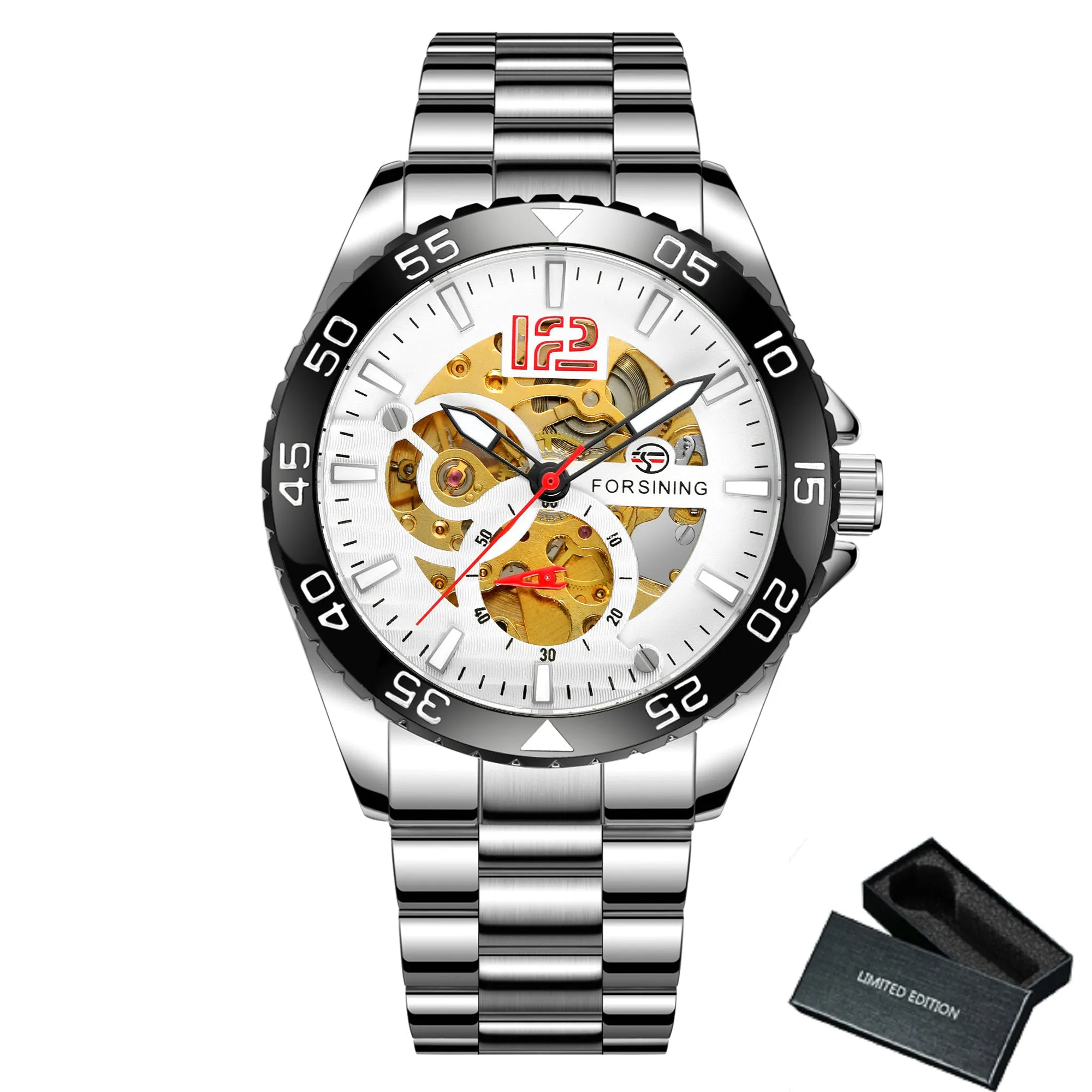 Forsining Silver Blue Sports Skeleton Automatic Mechanical Mens Watch TM 377G Luminous Hands Stainless Steel Strap Military Watches