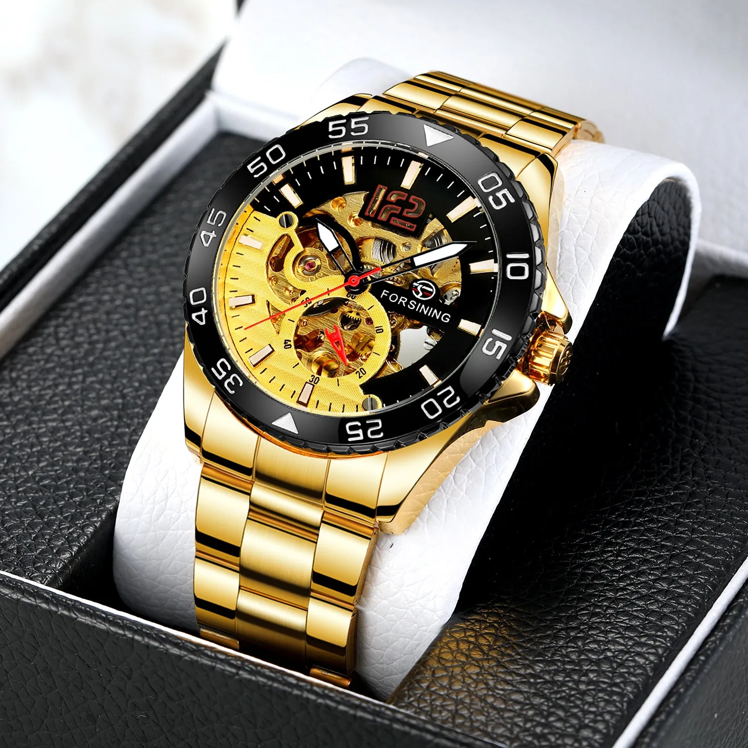Forsining Silver Blue Sports Skeleton Automatic Mechanical Mens Watch TM 377G Luminous Hands Stainless Steel Strap Military Watches