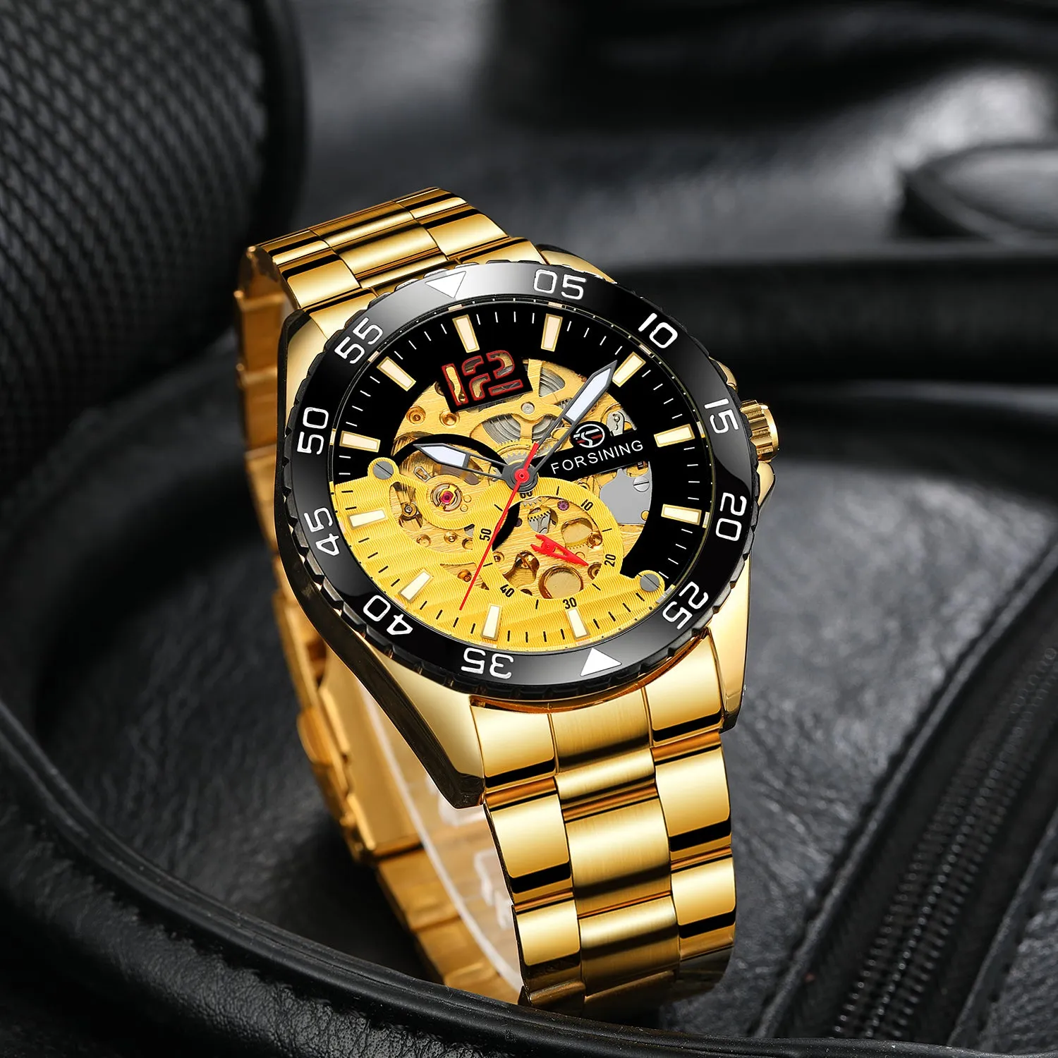 Forsining Silver Blue Sports Skeleton Automatic Mechanical Mens Watch TM 377G Luminous Hands Stainless Steel Strap Military Watches