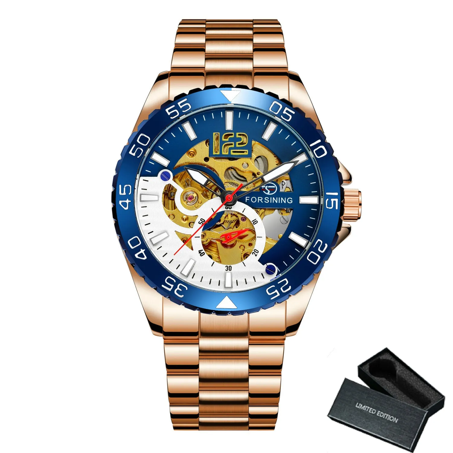 Forsining Silver Blue Sports Skeleton Automatic Mechanical Mens Watch TM 377G Luminous Hands Stainless Steel Strap Military Watches