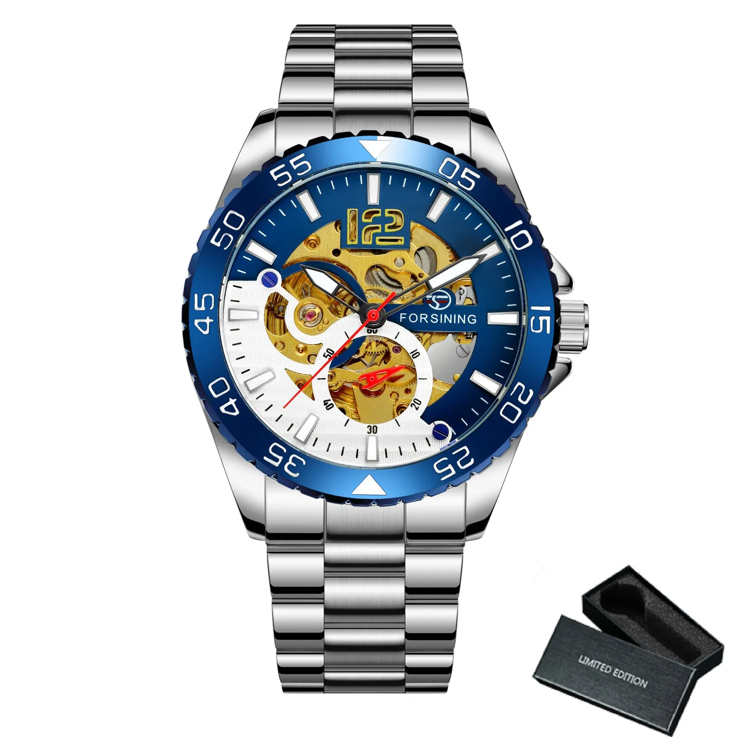 Forsining Silver Blue Sports Skeleton Automatic Mechanical Mens Watch TM 377G Luminous Hands Stainless Steel Strap Military Watches