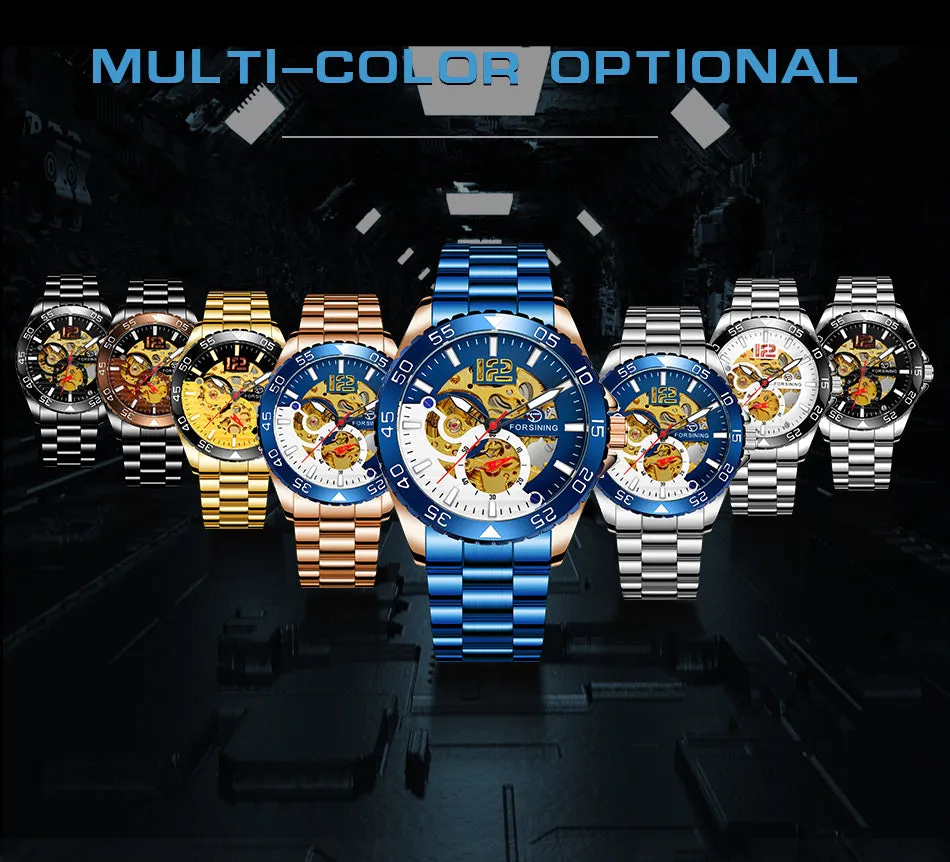 Forsining Silver Blue Sports Skeleton Automatic Mechanical Mens Watch TM 377G Luminous Hands Stainless Steel Strap Military Watches