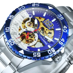 Forsining Silver Blue Sports Skeleton Automatic Mechanical Mens Watch TM 377G Luminous Hands Stainless Steel Strap Military Watches