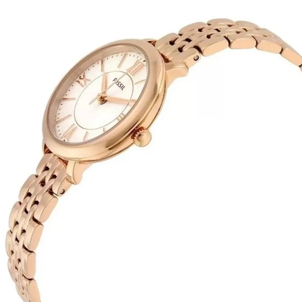 Fossil Womens Jacqueline Small Three-Hand Stainless Steel Case and Bracelet Silver Dial Rose Gold Watch - ES3799