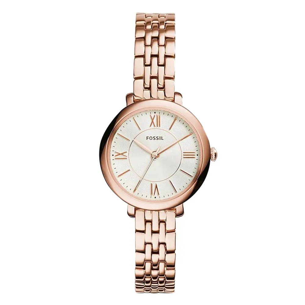 Fossil Womens Jacqueline Small Three-Hand Stainless Steel Case and Bracelet Silver Dial Rose Gold Watch - ES3799