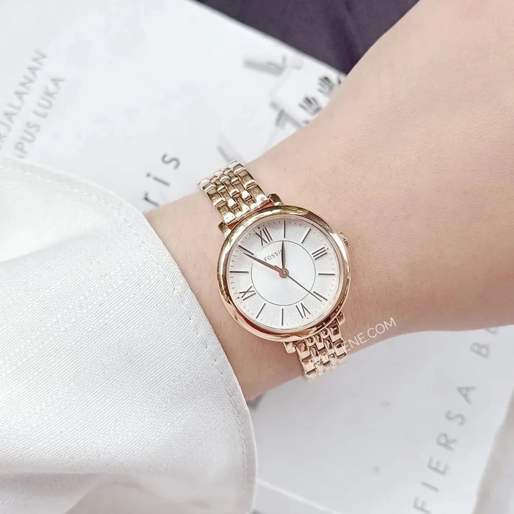 Fossil Womens Jacqueline Small Three-Hand Stainless Steel Case and Bracelet Silver Dial Rose Gold Watch - ES3799