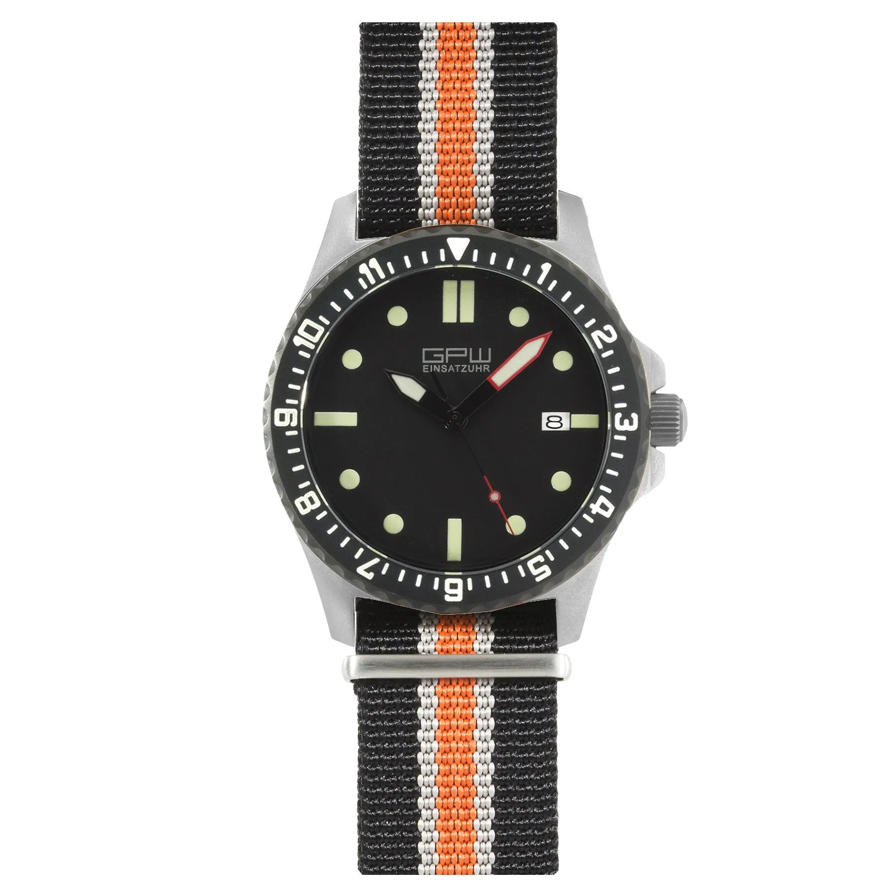 German Military Titanium Automatic Watch. GPW Date. 200M W/R. Sapphire Crystal. Black White & Orange Nylon Strap.