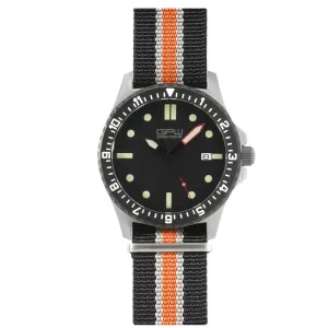 German Military Titanium Automatic Watch. GPW Date. 200M W/R. Sapphire Crystal. Black White & Orange Nylon Strap.