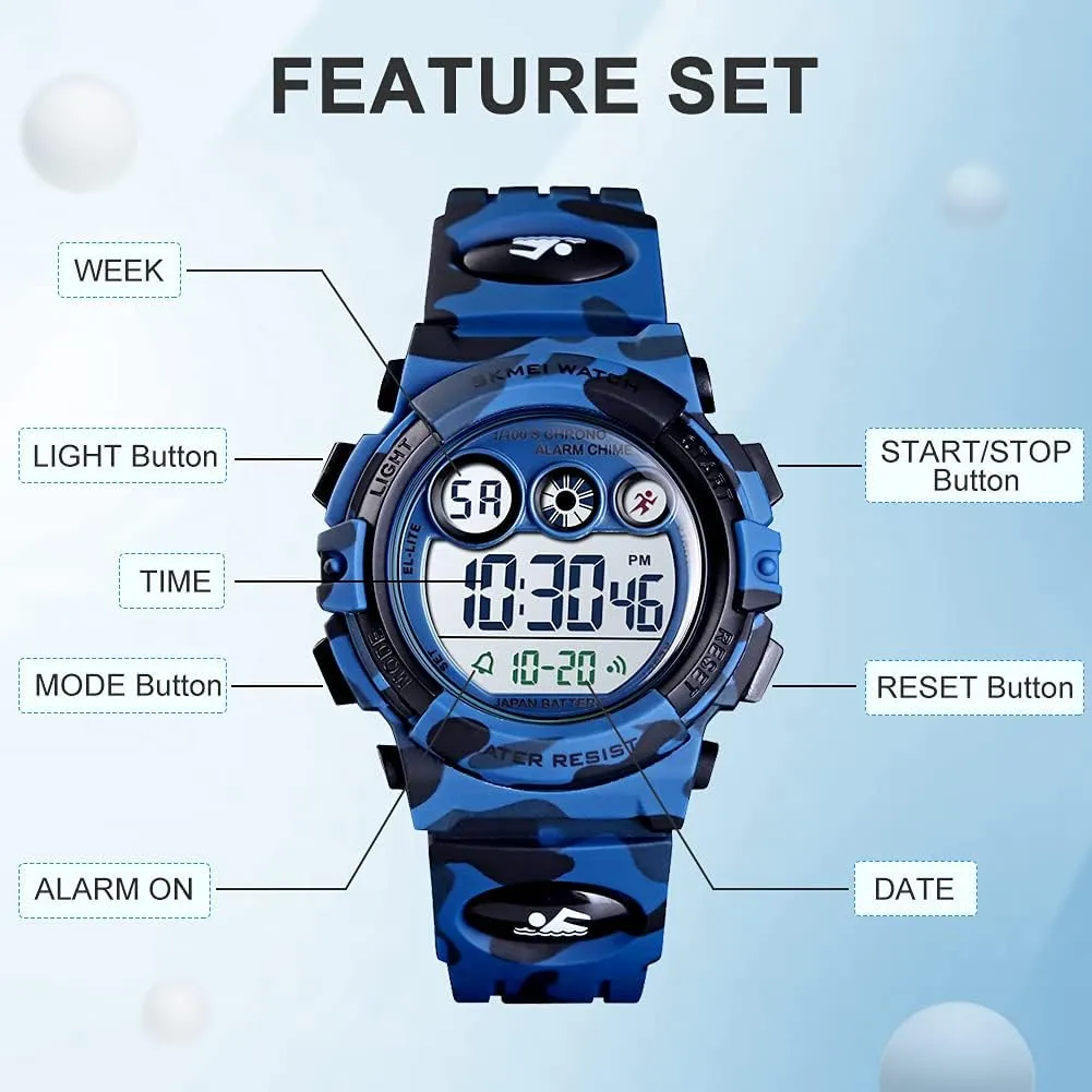 GOLDEN HOUR Watches for Kids Digital Sport Waterproof Boys Girls Watch Outdoor 12/24 H Alarm EL Backlight Stopwatch Military Child Wristwatch Ages 3-15