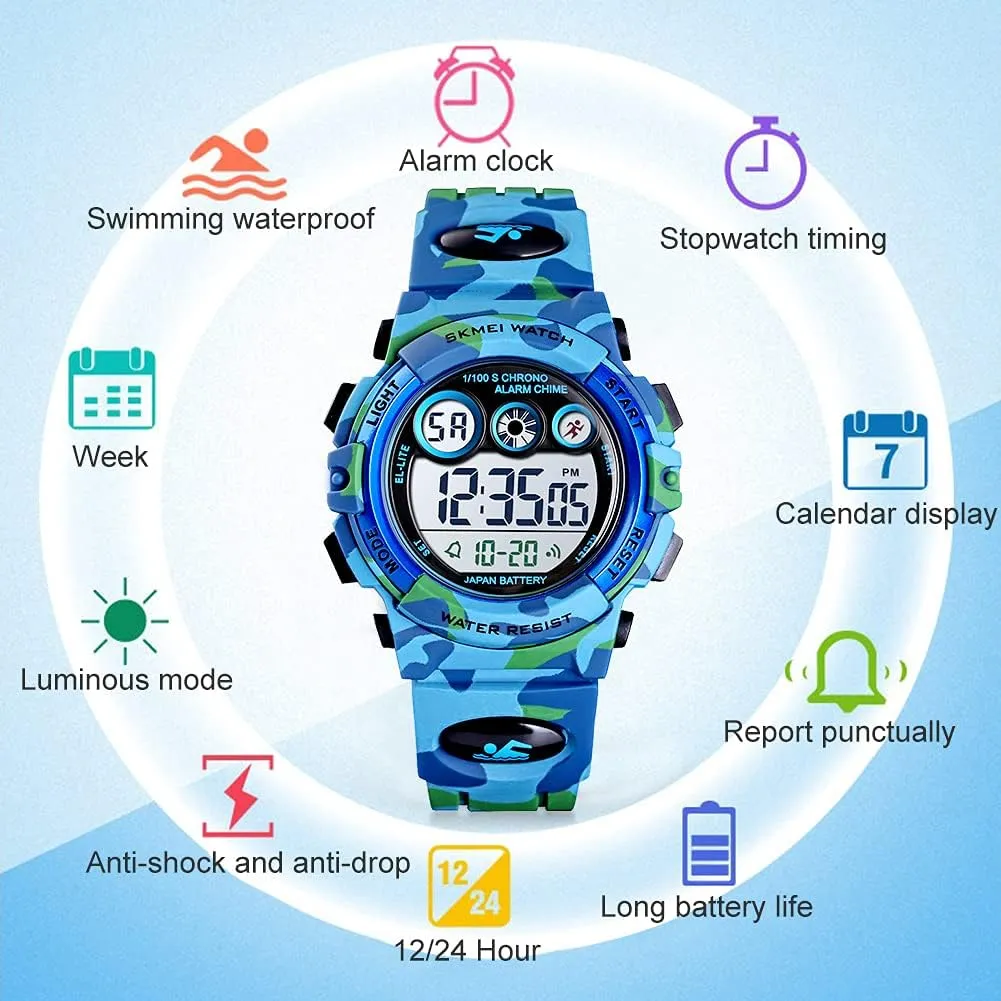 GOLDEN HOUR Watches for Kids Digital Sport Waterproof Boys Girls Watch Outdoor 12/24 H Alarm EL Backlight Stopwatch Military Child Wristwatch Ages 3-15