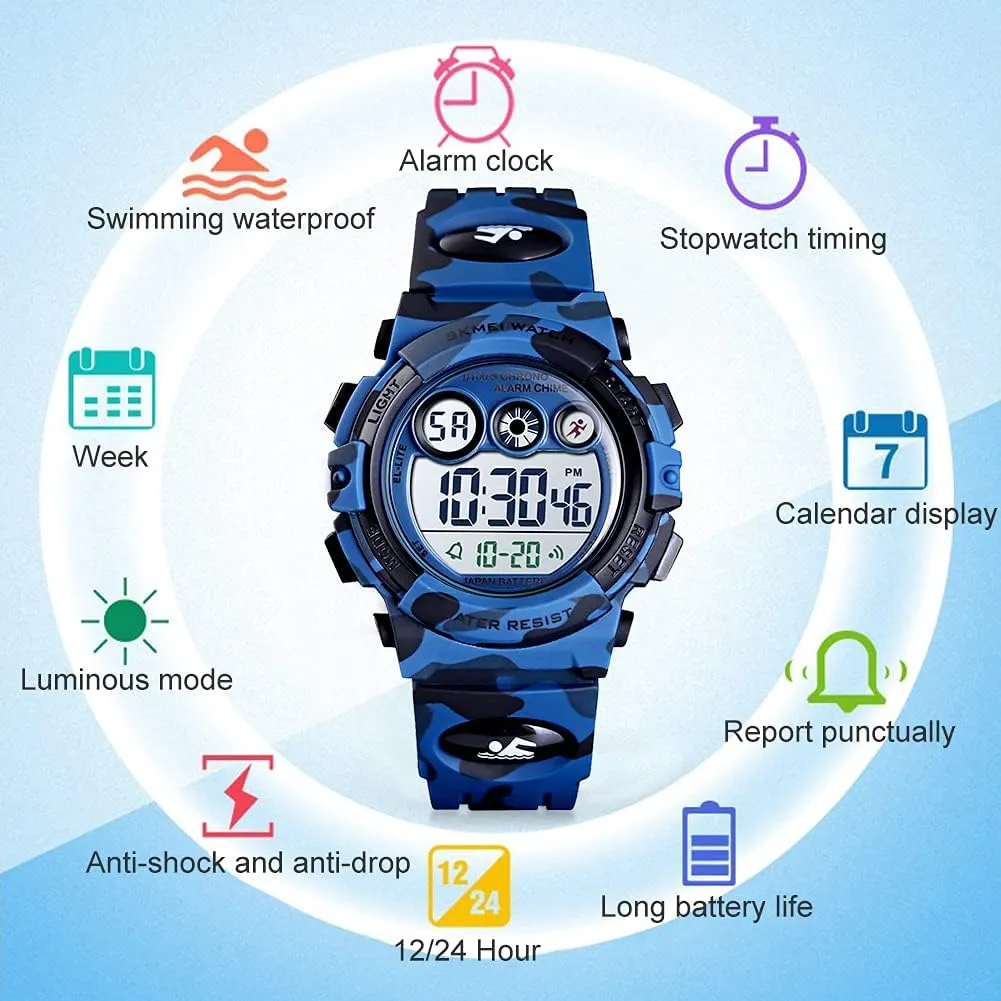 GOLDEN HOUR Watches for Kids Digital Sport Waterproof Boys Girls Watch Outdoor 12/24 H Alarm EL Backlight Stopwatch Military Child Wristwatch Ages 3-15
