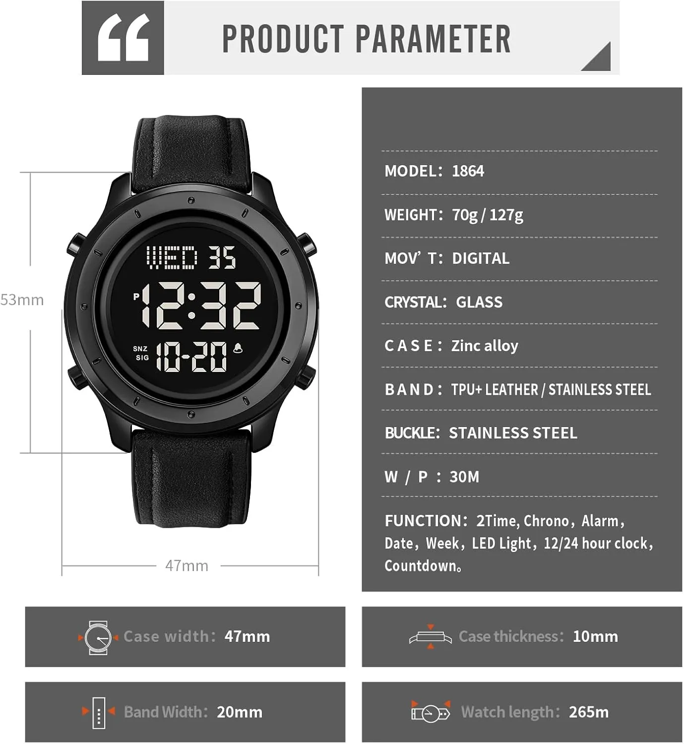 Gosasa Multifunction LED Digital Men's Watches Leather Band Outdoor Sport Wristwatch for Men Date Alarm Casual Male Watch Stainless Steel Waterproof Stopwatch