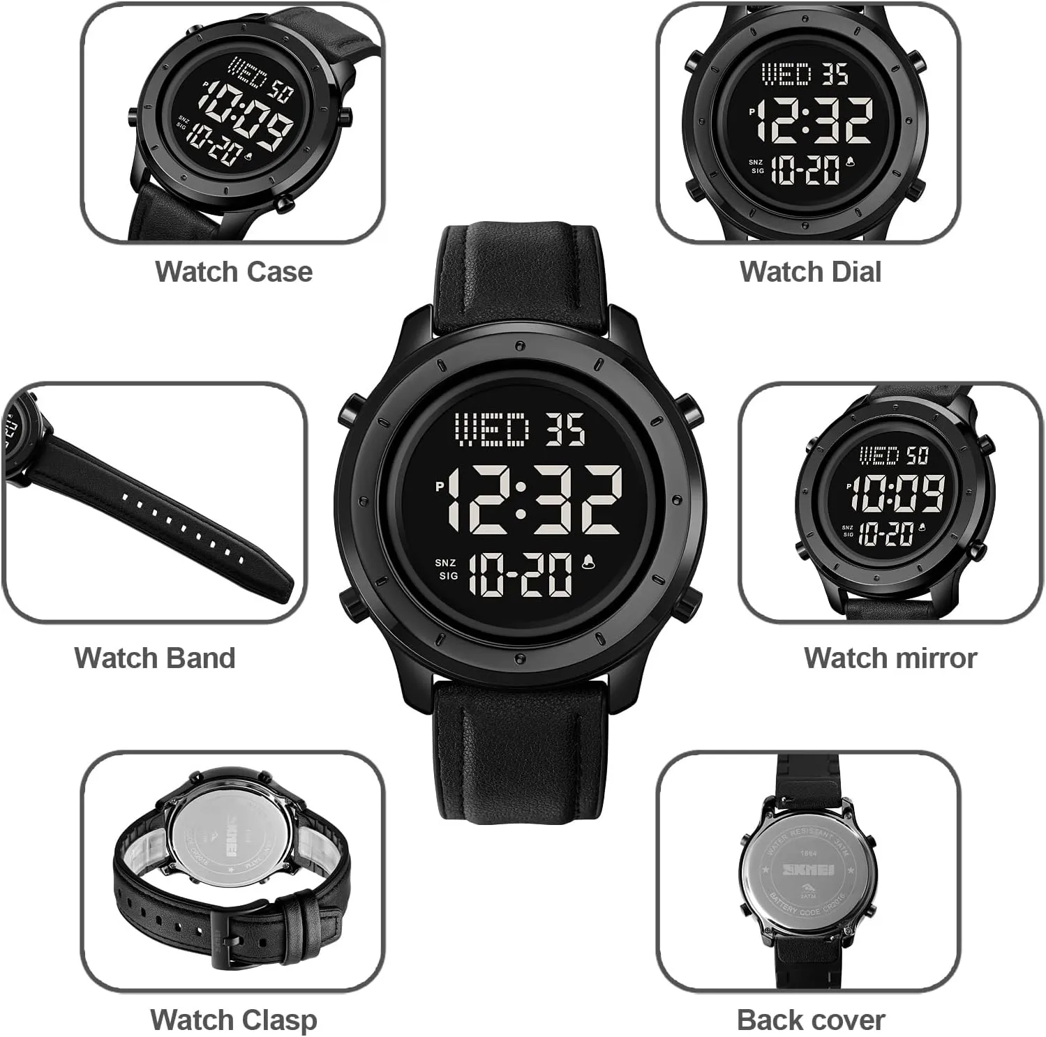 Gosasa Multifunction LED Digital Men's Watches Leather Band Outdoor Sport Wristwatch for Men Date Alarm Casual Male Watch Stainless Steel Waterproof Stopwatch