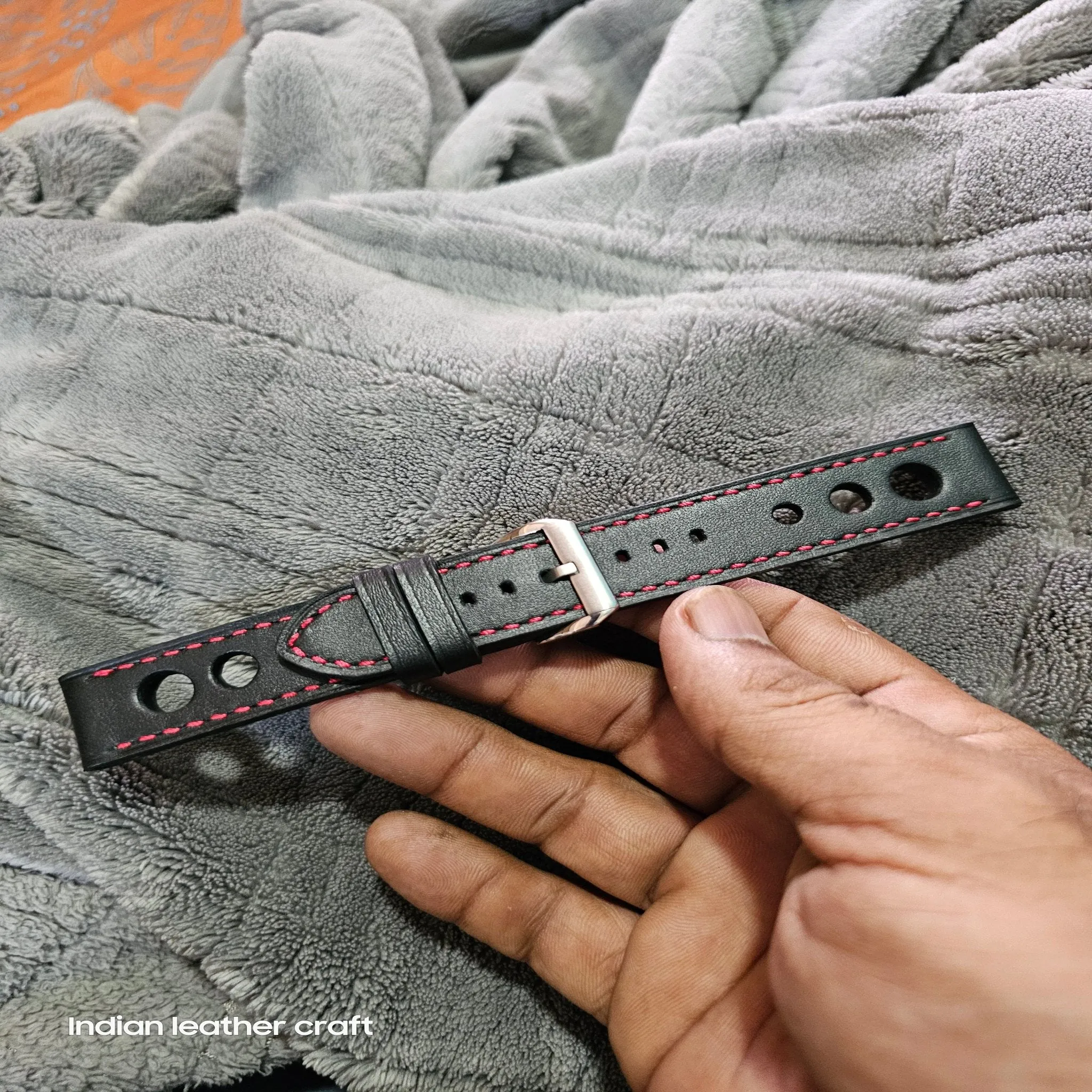 Handmade black racing leather strap