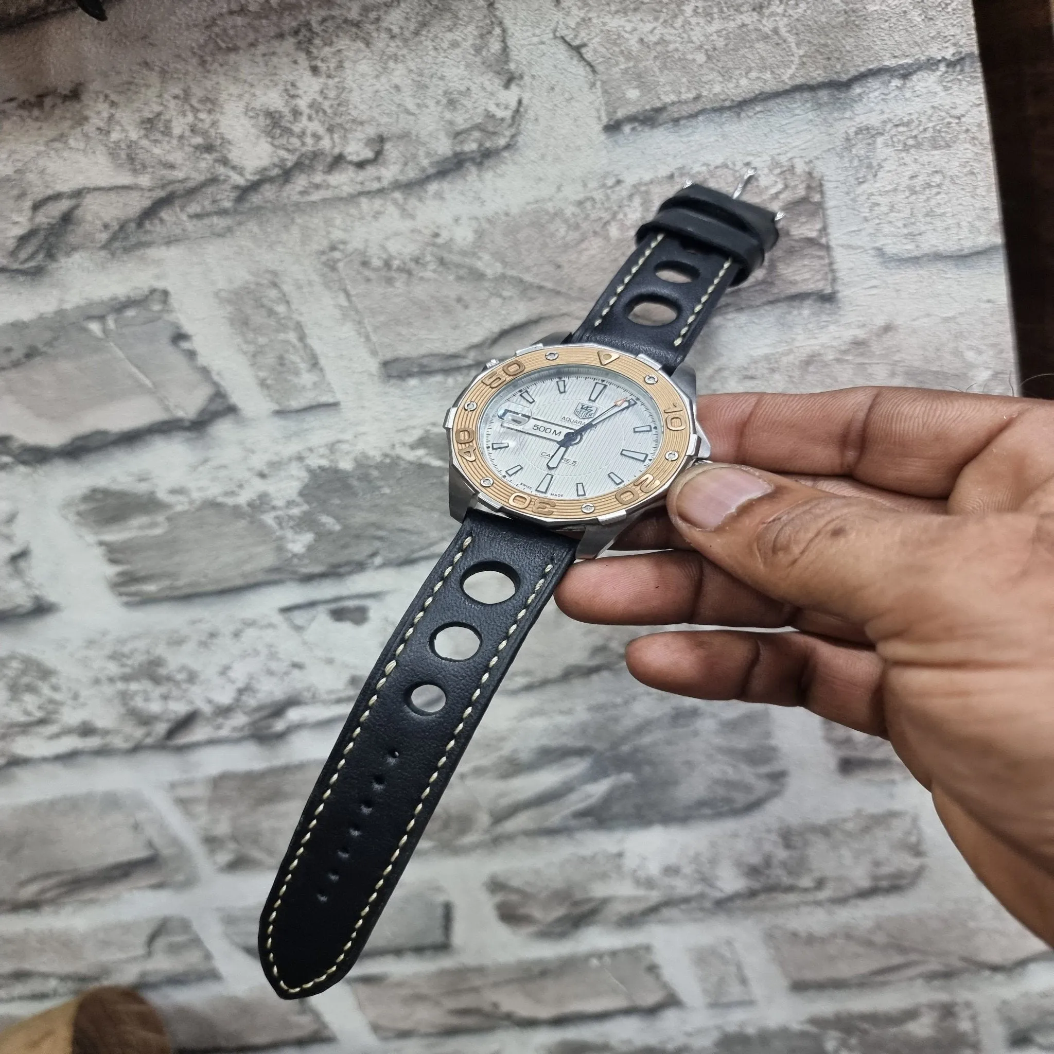 Handmade black racing leather strap