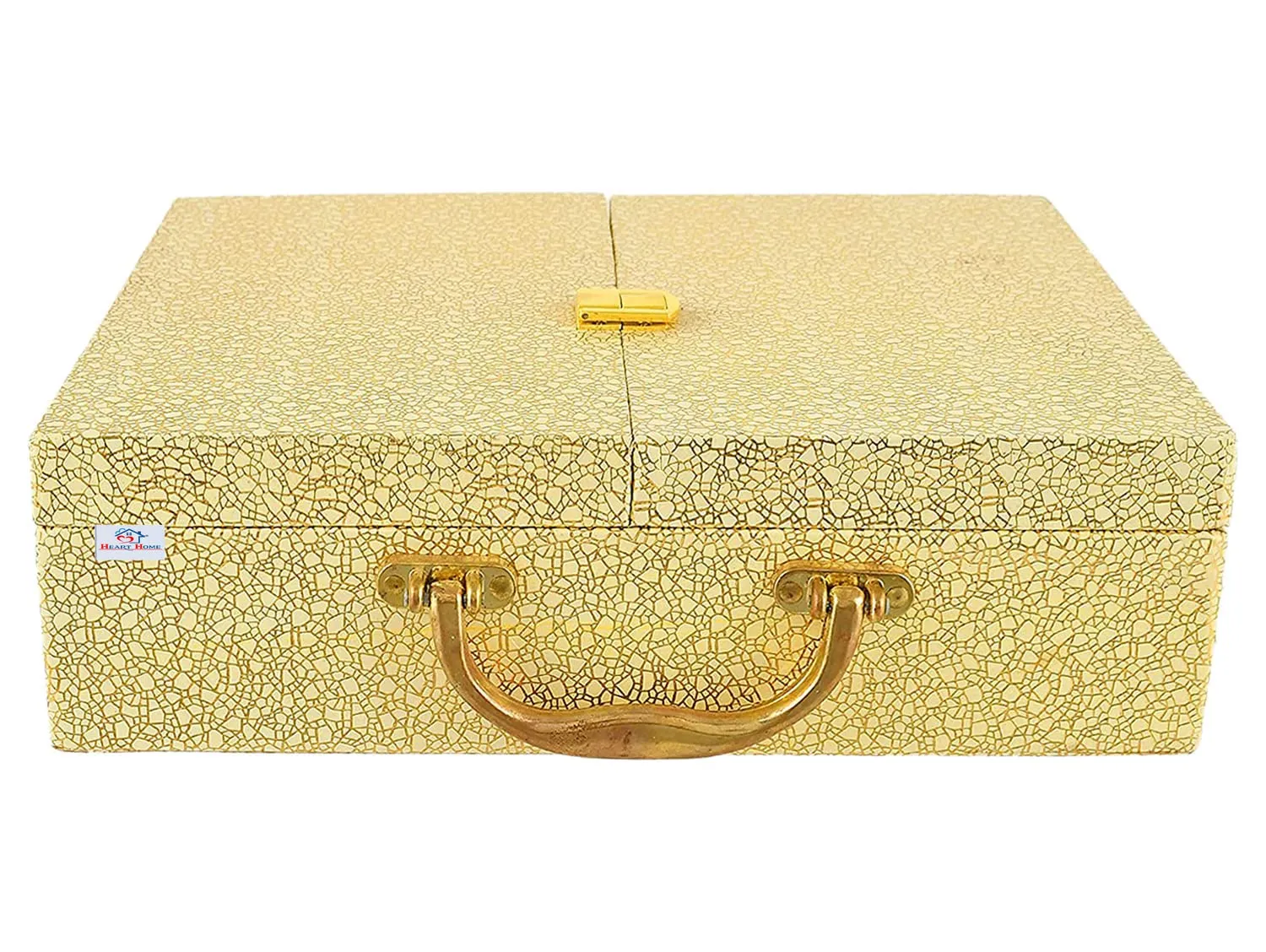 Heart Home Wooden Double Door 3 Rod Bangle Box | Vanity Organizer For Watches, Bracelet With Lock on Top & Handle (Gold)