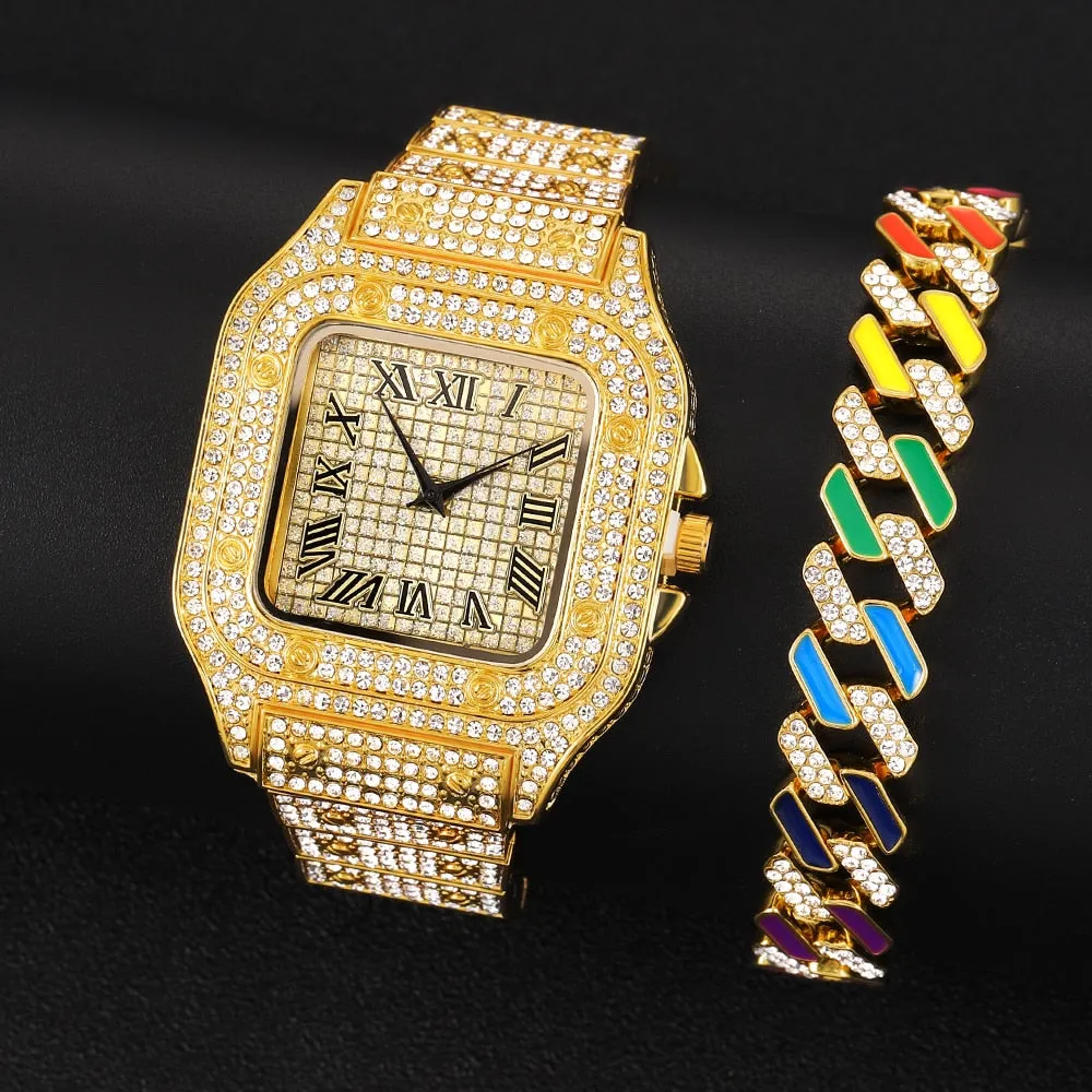 Hip Hop Luxury bracelet Mens Iced Out Watches Date Quartz Wrist Watches
