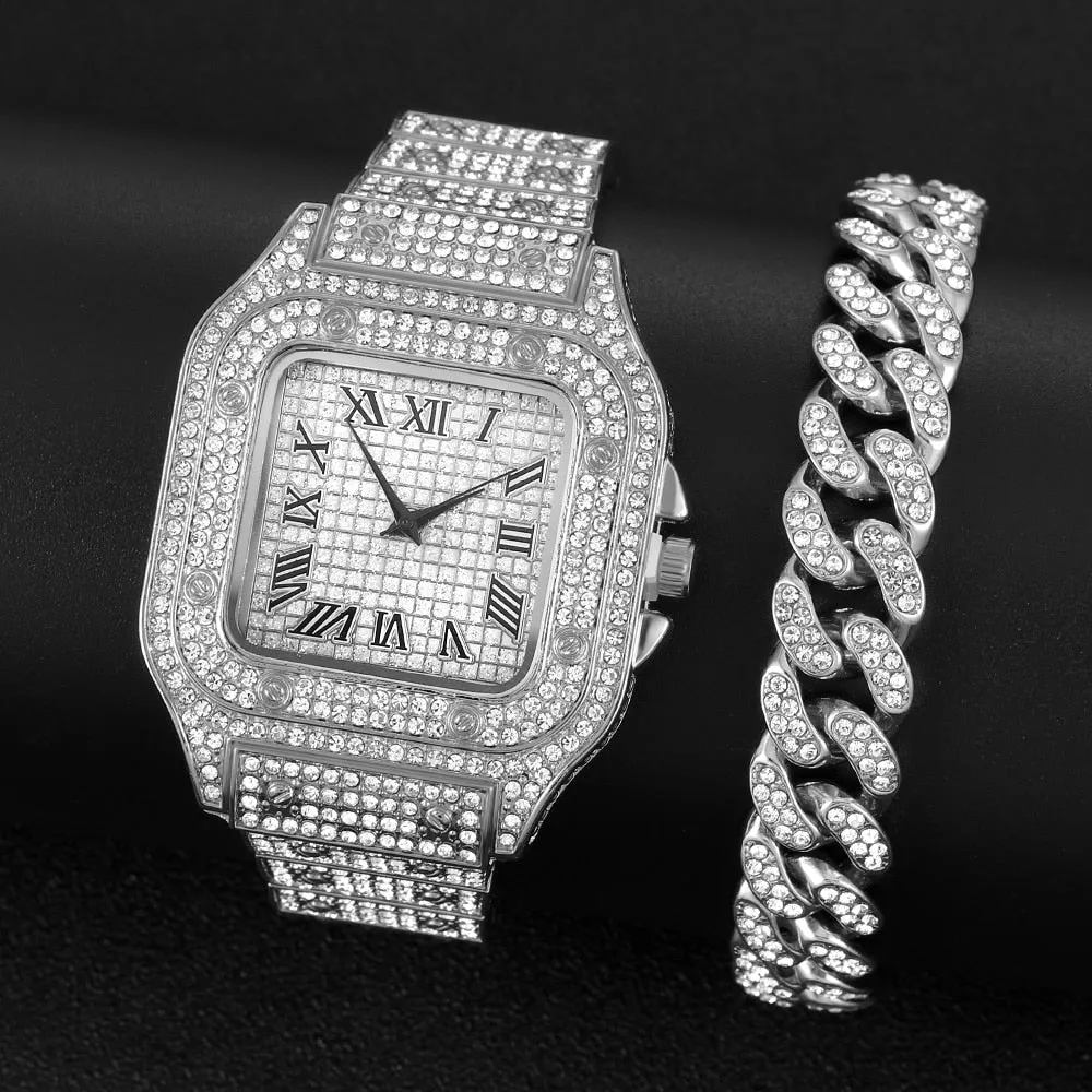 Hip Hop Luxury bracelet Mens Iced Out Watches Date Quartz Wrist Watches
