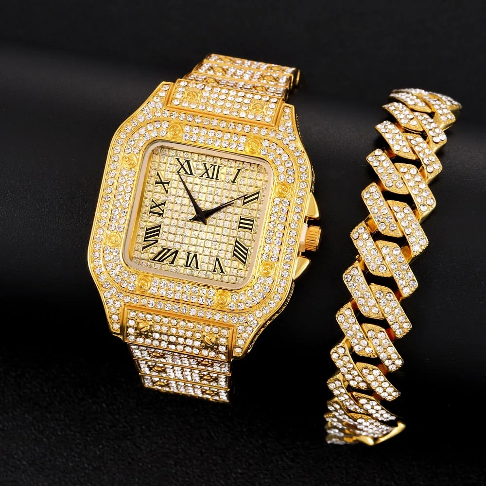 Hip Hop Luxury bracelet Mens Iced Out Watches Date Quartz Wrist Watches