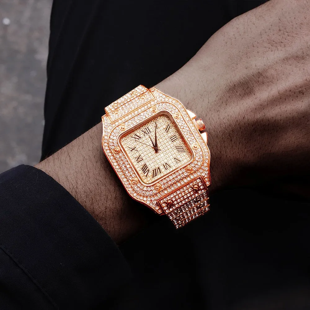 Hip Hop Luxury bracelet Mens Iced Out Watches Date Quartz Wrist Watches