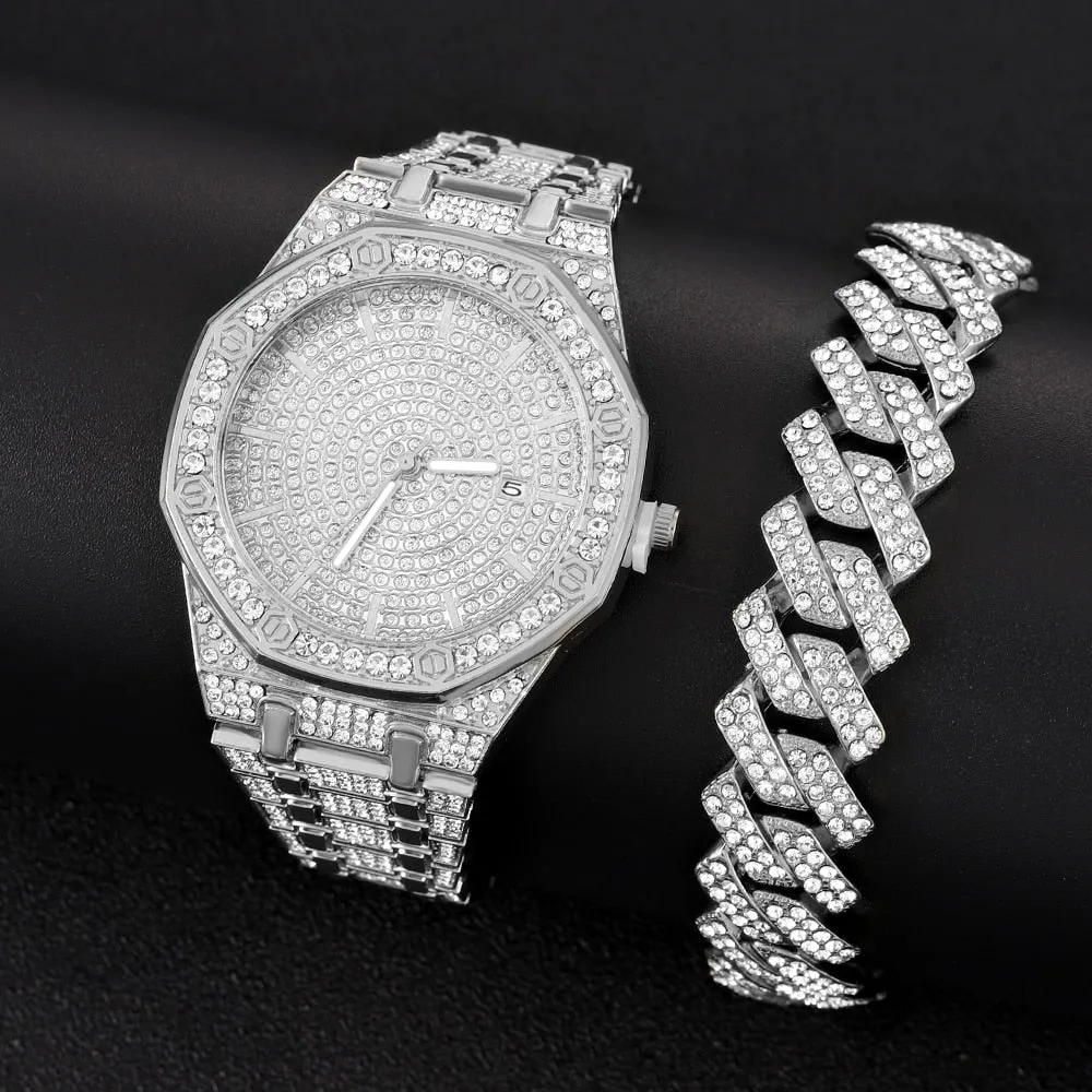 Hip Hop Luxury bracelet Mens Iced Out Watches Date Quartz Wrist Watches