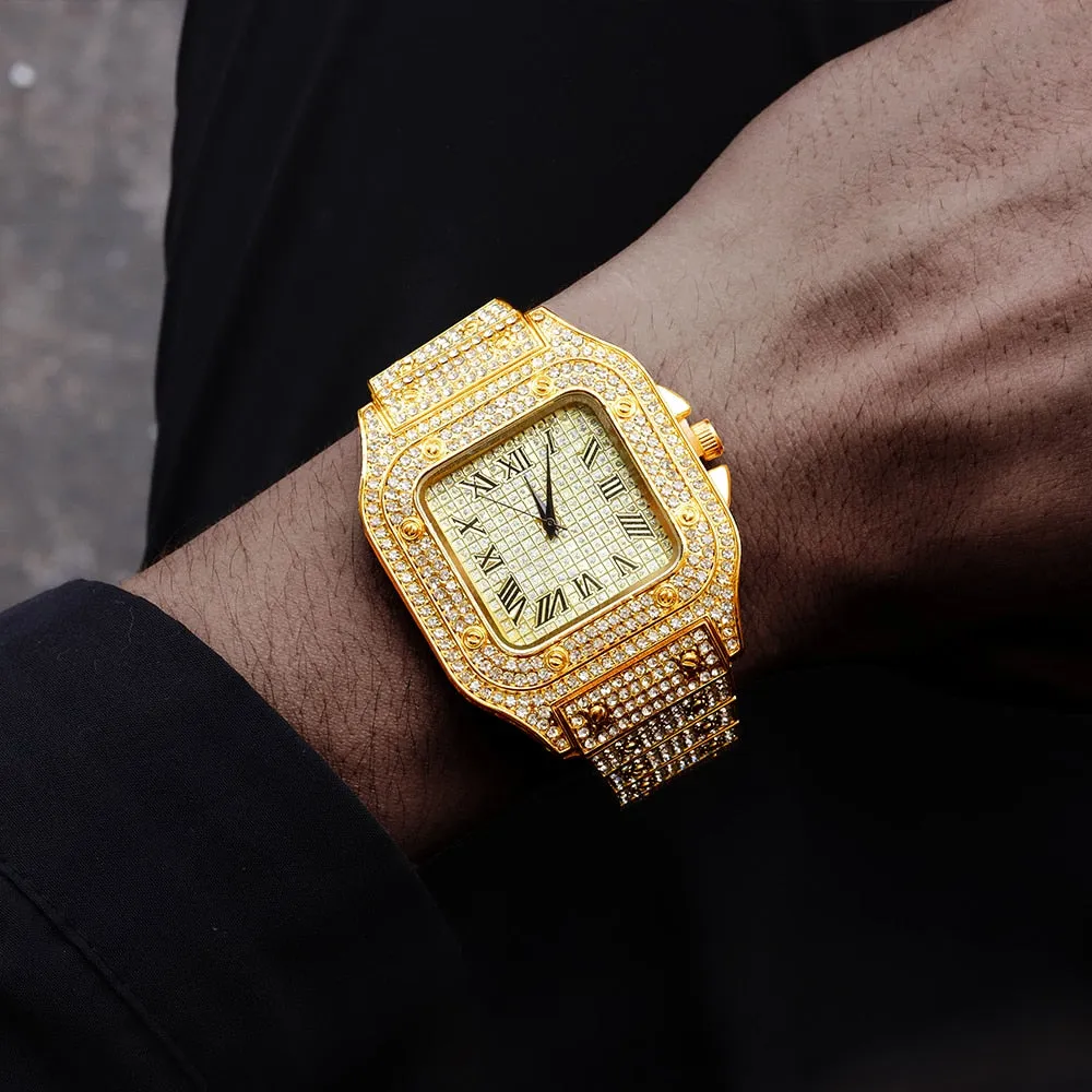 Hip Hop Luxury bracelet Mens Iced Out Watches Date Quartz Wrist Watches