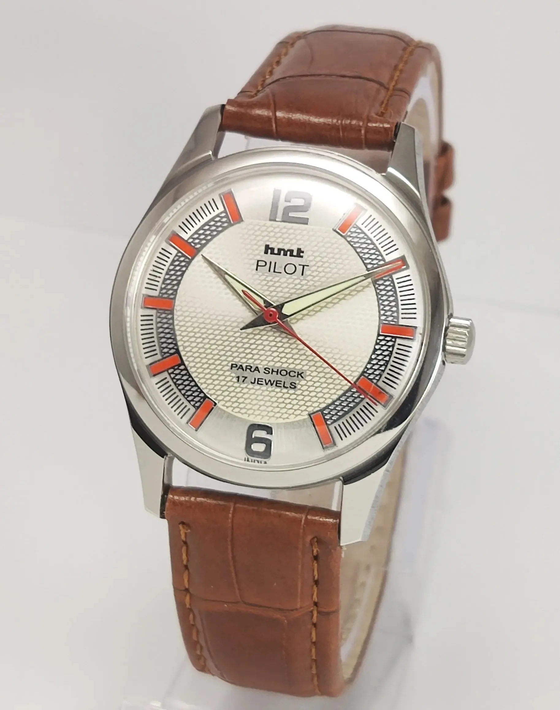 HMT Pilot Para Shock 17 Jewels Pearl Dial Transparent Back Mechanical Hand winding Men's Wrist Watch