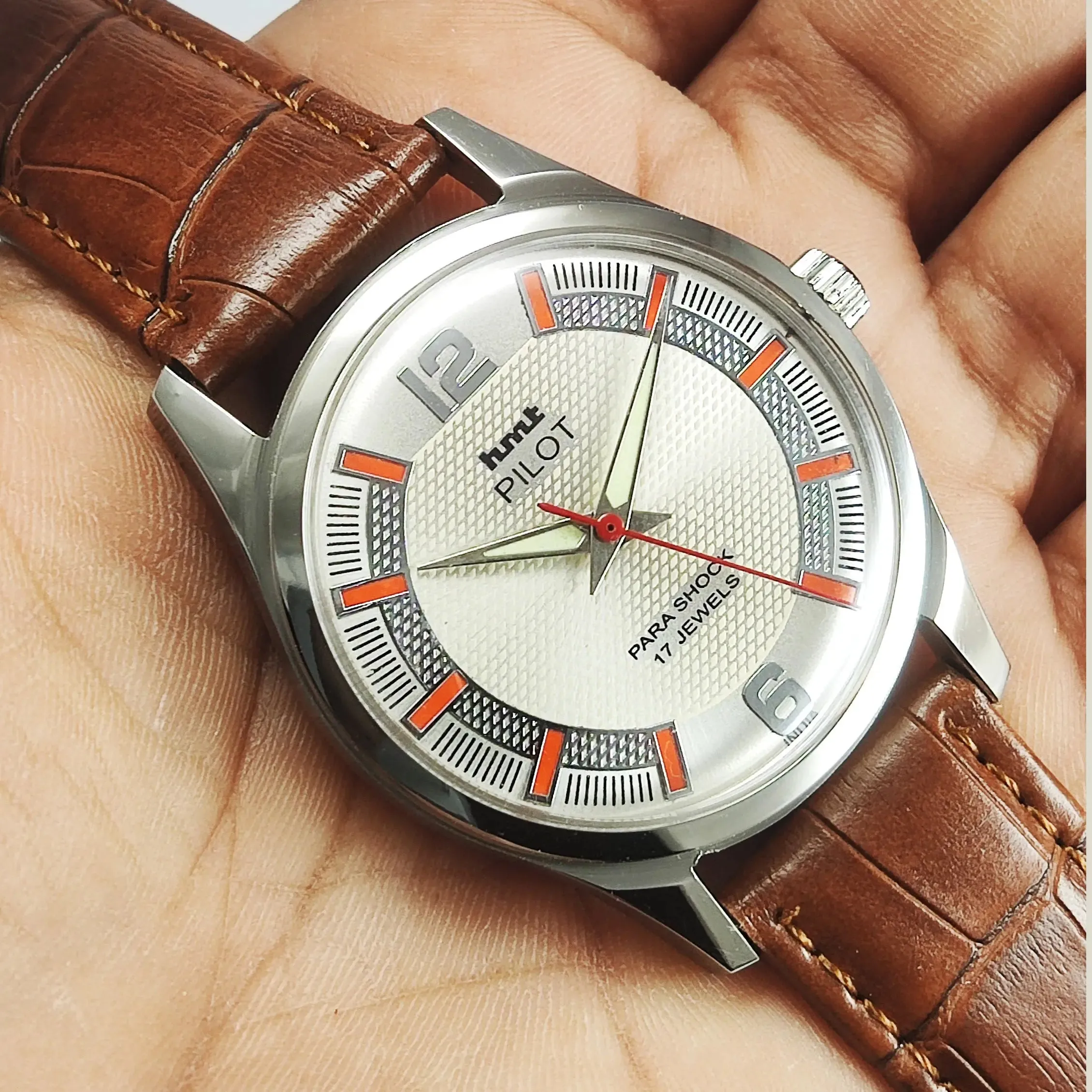 HMT Pilot Para Shock 17 Jewels Pearl Dial Transparent Back Mechanical Hand winding Men's Wrist Watch