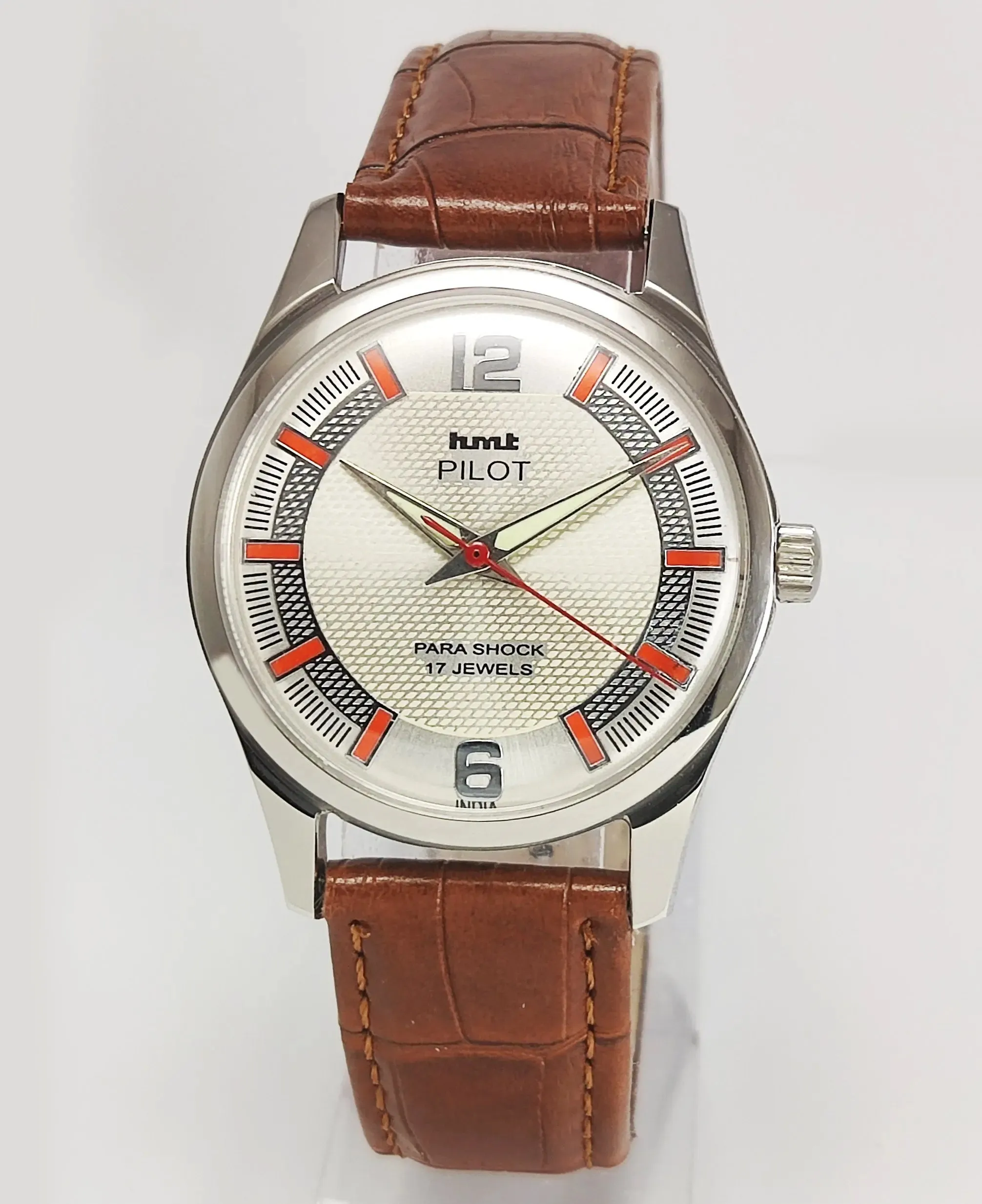 HMT Pilot Para Shock 17 Jewels Pearl Dial Transparent Back Mechanical Hand winding Men's Wrist Watch