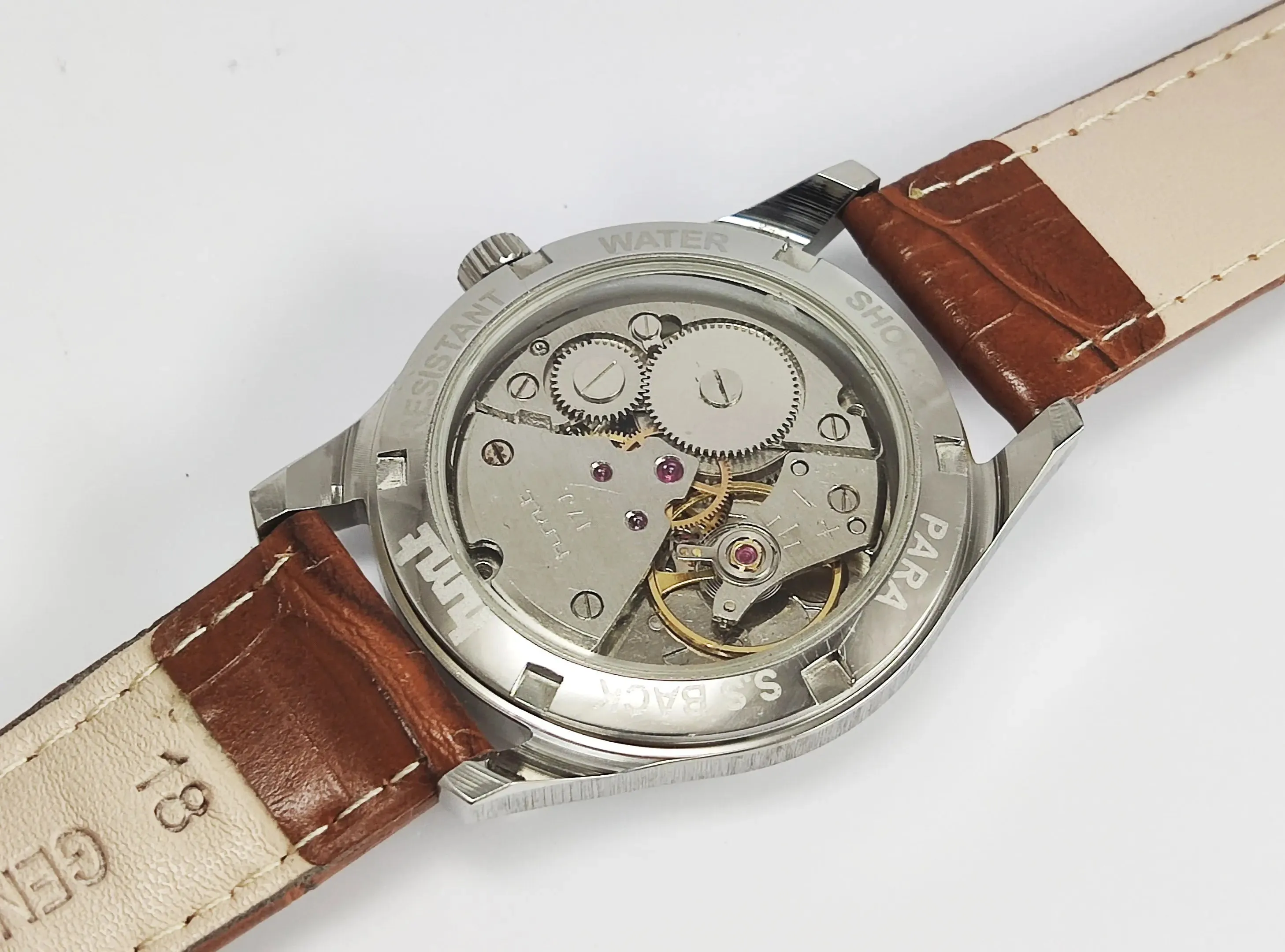 HMT Pilot Para Shock 17 Jewels Pearl Dial Transparent Back Mechanical Hand winding Men's Wrist Watch