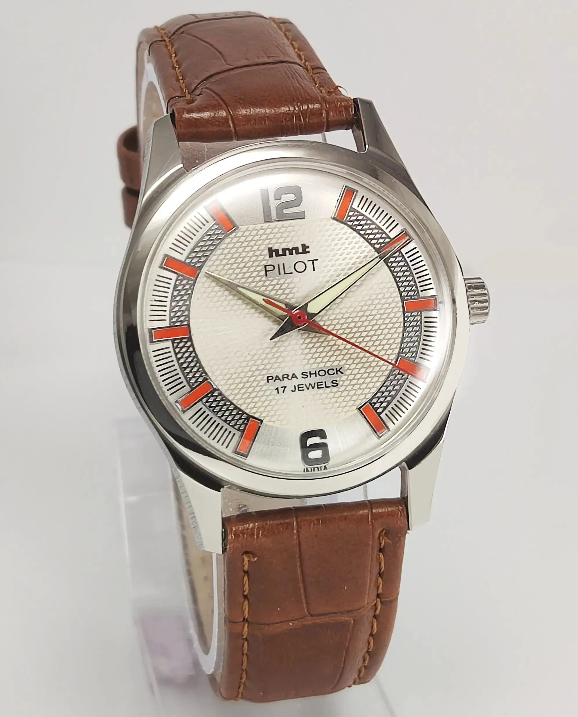 HMT Pilot Para Shock 17 Jewels Pearl Dial Transparent Back Mechanical Hand winding Men's Wrist Watch