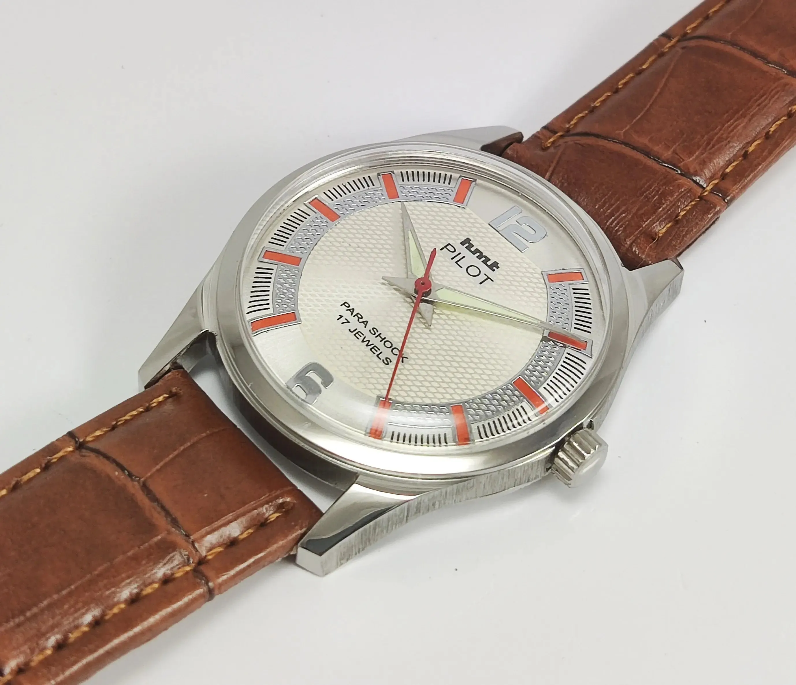 HMT Pilot Para Shock 17 Jewels Pearl Dial Transparent Back Mechanical Hand winding Men's Wrist Watch