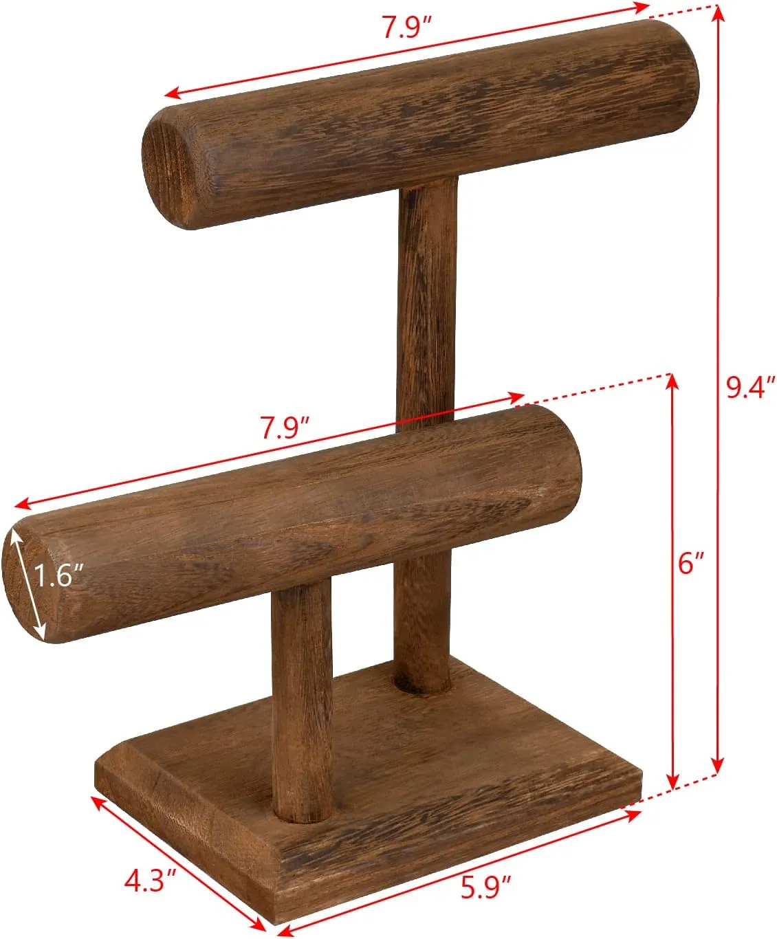 Ikee Design 2 Tier Wooden Jewelry Bracelet Watch Display Tower, Bangle Scrunchie Necklace Holder Storage Stand, 7.9 W x 4.3 D x 9.4 H in, Brown Color