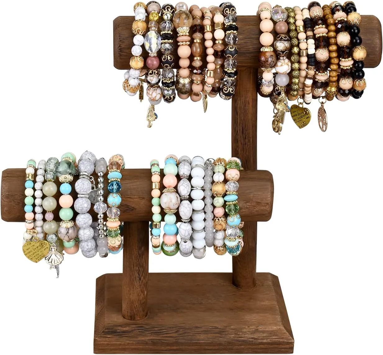 Ikee Design 2 Tier Wooden Jewelry Bracelet Watch Display Tower, Bangle Scrunchie Necklace Holder Storage Stand, 7.9 W x 4.3 D x 9.4 H in, Brown Color