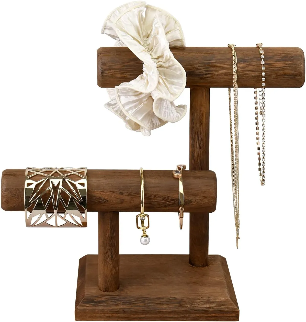 Ikee Design 2 Tier Wooden Jewelry Bracelet Watch Display Tower, Bangle Scrunchie Necklace Holder Storage Stand, 7.9 W x 4.3 D x 9.4 H in, Brown Color