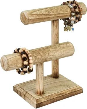 Ikee Design 2 Tier Wooden Jewelry Bracelet Watch Display Tower, Bangle Scrunchie Necklace Holder Storage Stand, Oak Color, 7.9 W x 4.3 D x 9.4 H in