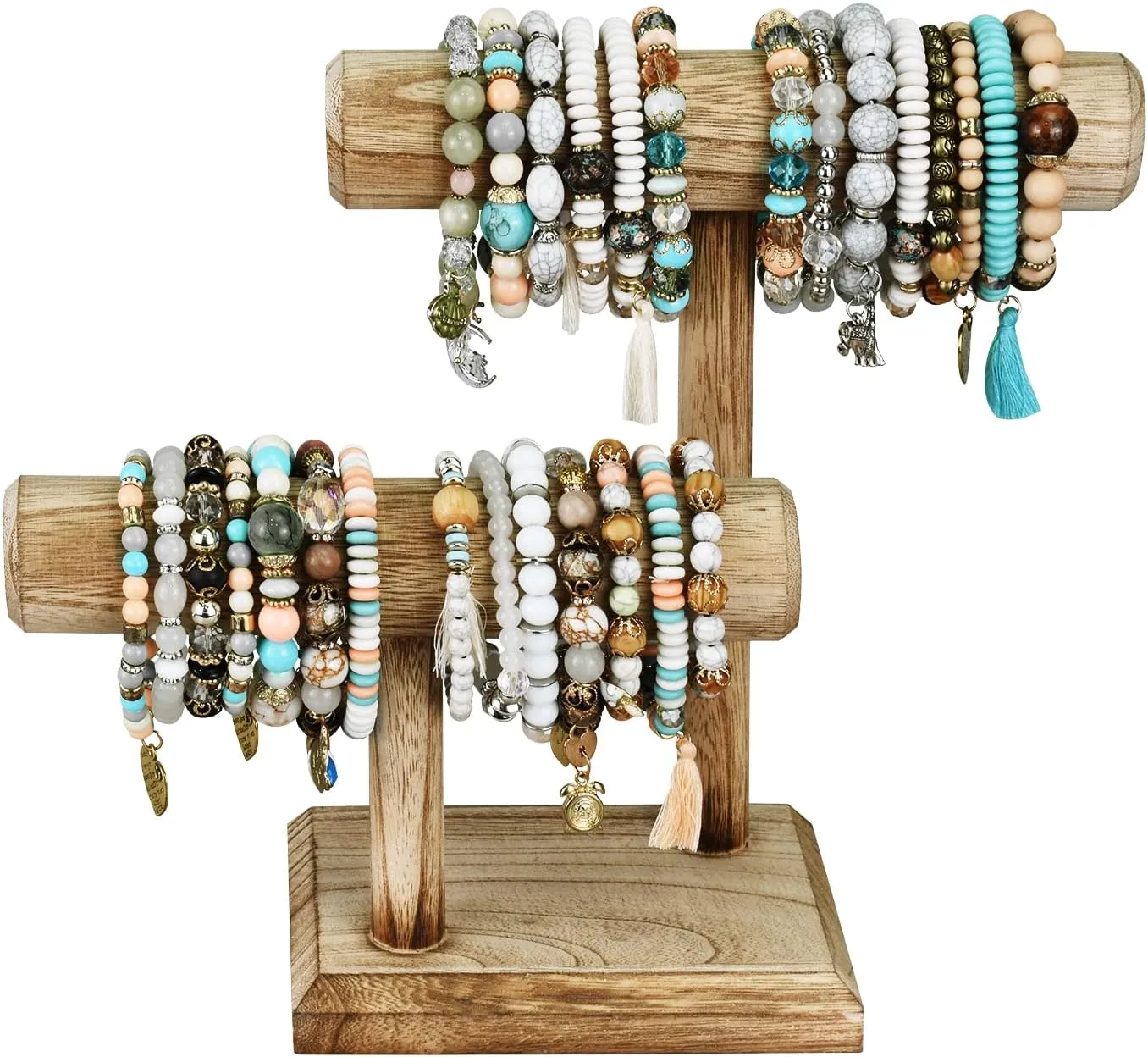 Ikee Design 2 Tier Wooden Jewelry Bracelet Watch Display Tower, Bangle Scrunchie Necklace Holder Storage Stand, Oak Color, 7.9 W x 4.3 D x 9.4 H in