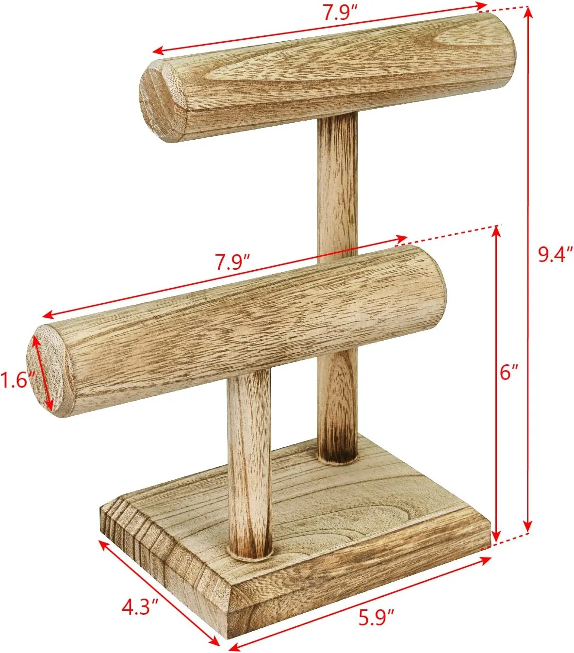 Ikee Design 2 Tier Wooden Jewelry Bracelet Watch Display Tower, Bangle Scrunchie Necklace Holder Storage Stand, Oak Color, 7.9 W x 4.3 D x 9.4 H in