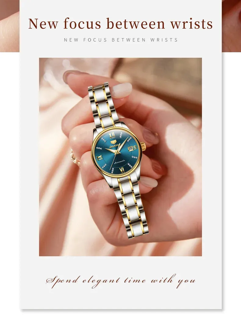 JSDUN 8933 Auto Date Mechanical Watch For Women Luxury Stainless Steel Diamond Woman Watches Deep Waterproof