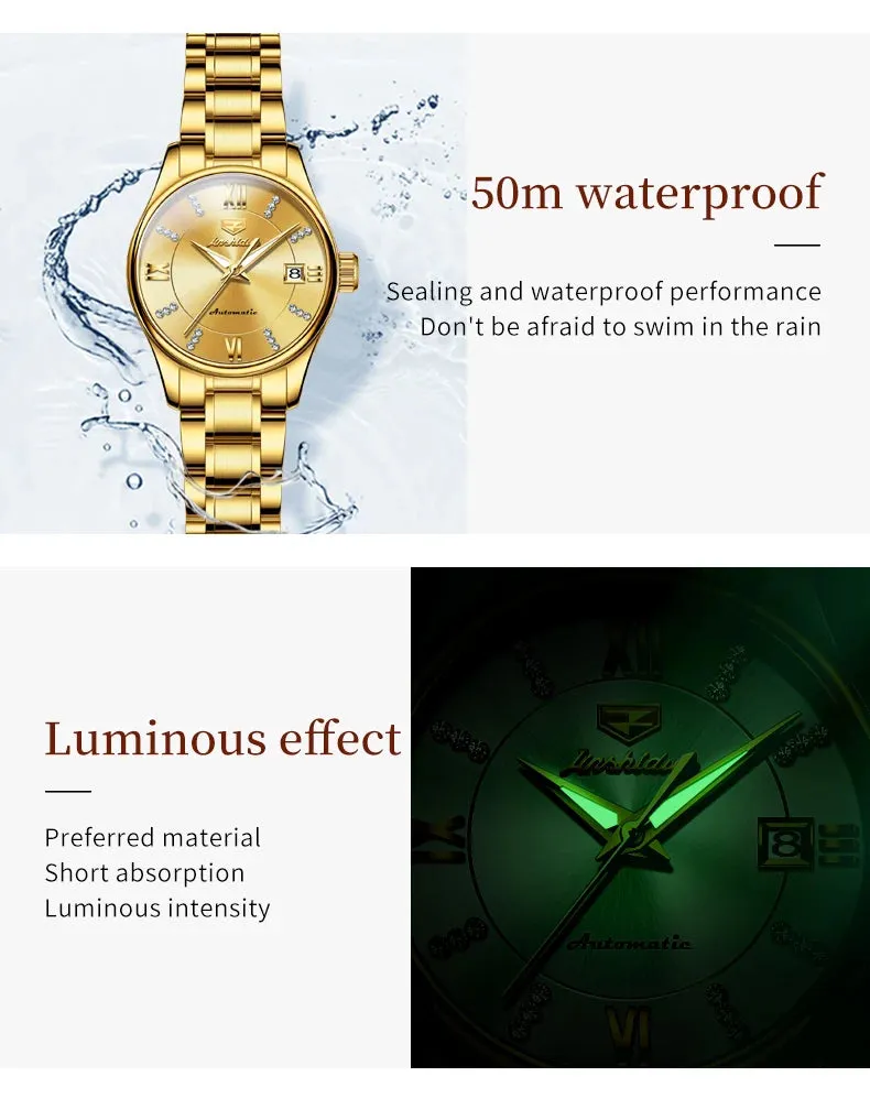 JSDUN 8933 Auto Date Mechanical Watch For Women Luxury Stainless Steel Diamond Woman Watches Deep Waterproof
