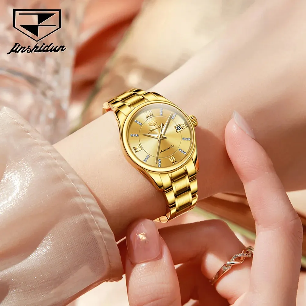 JSDUN 8933 Auto Date Mechanical Watch For Women Luxury Stainless Steel Diamond Woman Watches Deep Waterproof