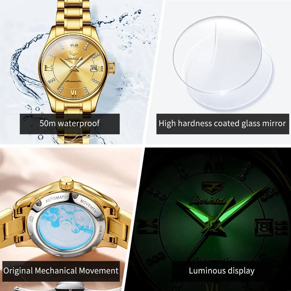 JSDUN 8933 Auto Date Mechanical Watch For Women Luxury Stainless Steel Diamond Woman Watches Deep Waterproof
