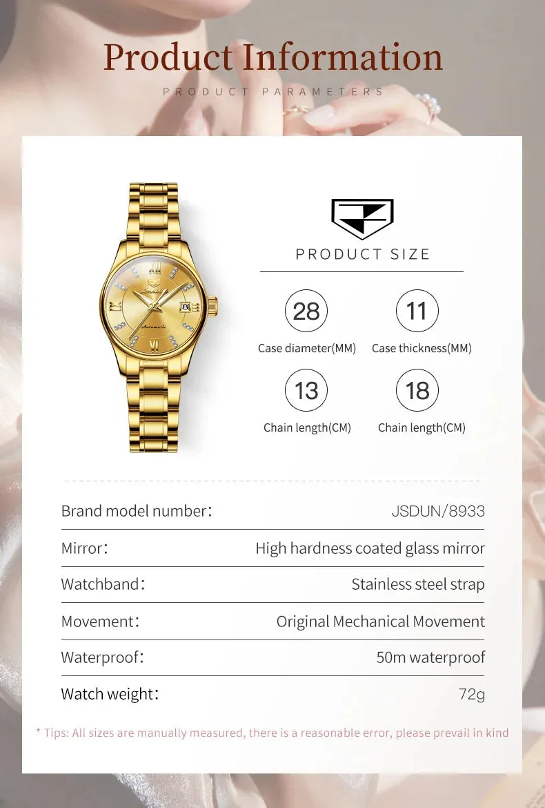 JSDUN 8933 Auto Date Mechanical Watch For Women Luxury Stainless Steel Diamond Woman Watches Deep Waterproof